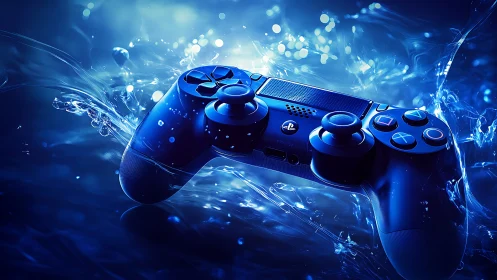 Blue PlayStation controller in dynamic splash scene.
