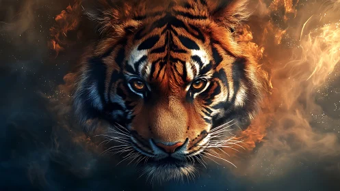 Tiger head emerges through swirling fire and smoke field