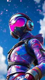 Neon armored astronaut under vivid blue sky perspective.