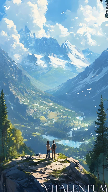 Two small dreamers measure mountains with their gaze