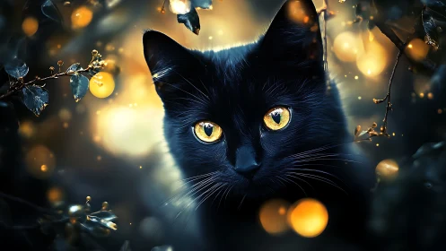 Black Feline with Aureate Ocular Luminescence in Bokeh Environment.