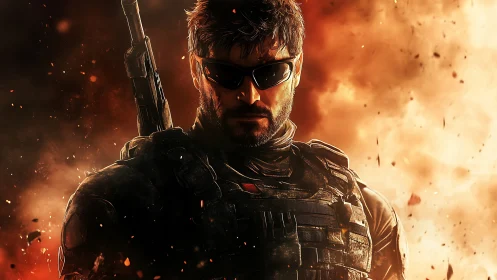 Armored soldier in sunglasses stands before fiery blast.