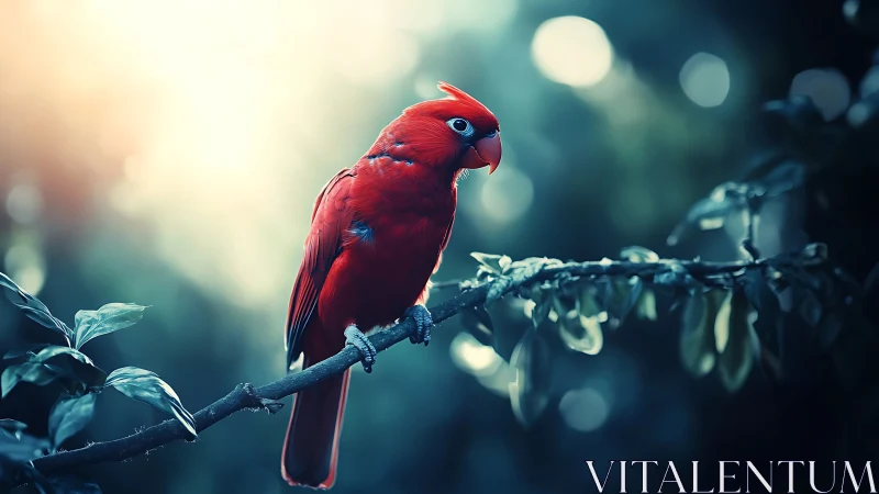 Vibrant Red Cardinal on Branch in Soft Sunlight, Artistic Nature Photo.