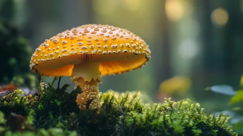 Orange amanita mushroom rises over moss in soft forest light