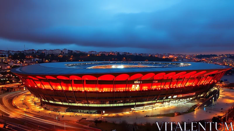 Oval urban stadium glows red against evening city skyline