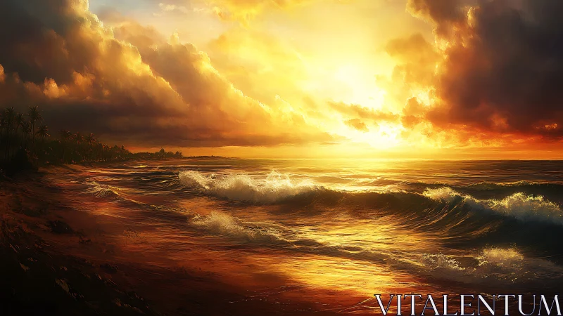 Golden surf at dusk washing the quiet tropical shoreline.