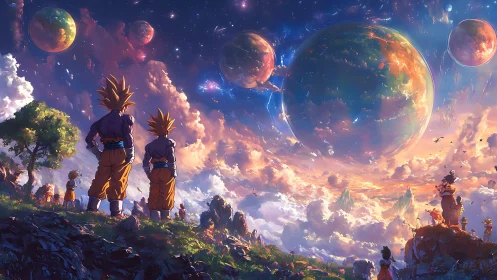 Saiyan stargazers under colossal swirling dreamworld skies.