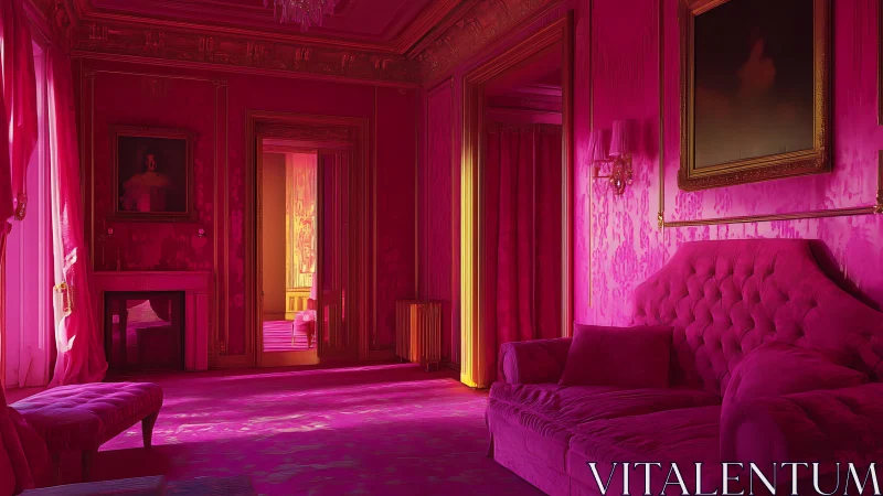 Velvet neon palace lounge awash in royal magenta glow.