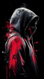 Hooded street figure in red splatter digital chiaroscuro.