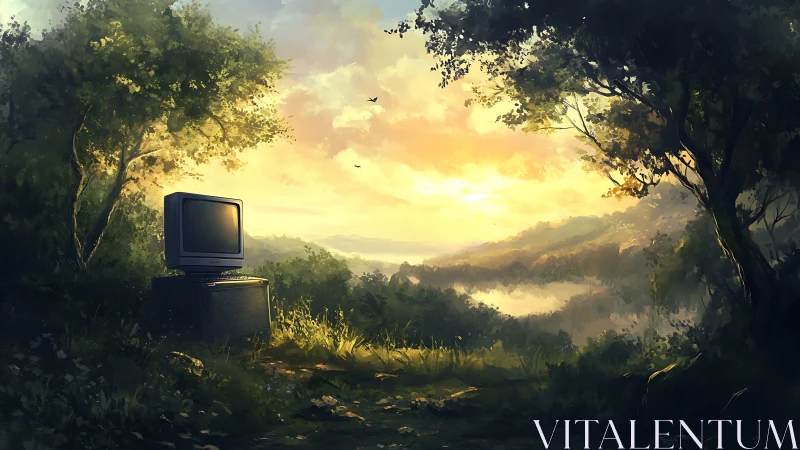 Retro computer altar in luminous forest clearing at dawn.