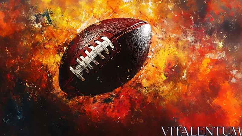 American football closeup against abstract fiery backdrop.