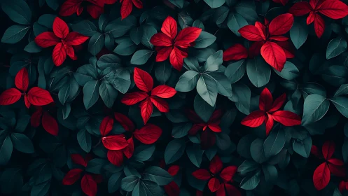 Macro foliage study with teal leaves and crimson accents