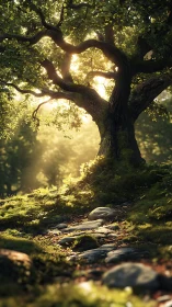 Ancient Oak in Dappled Sunlight: Nature's Architectural Drama.