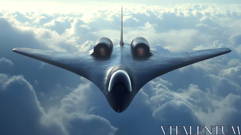 Sleek futuristic jet glides calmly above a soft cloud sea