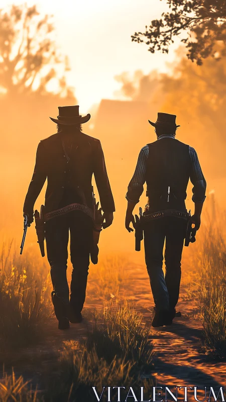 Cinematic western gunslingers in backlit sunset composition.