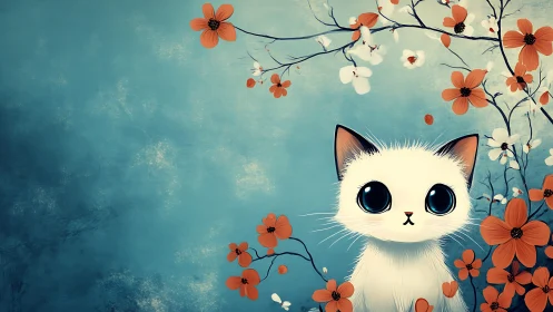 Serene White Cat Among Blooming Orange Flowers and Turquoise Sky