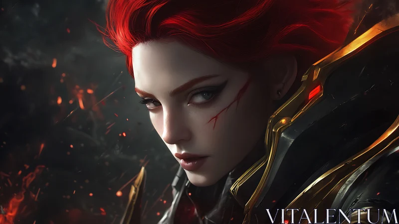 Scarred red-haired warrior glares through embers of battle.