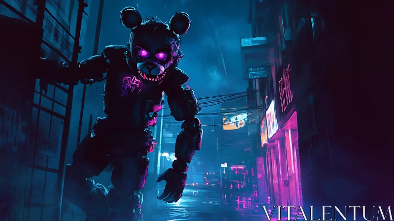 Neon-lit killer animatronic stalks a rainy cyberpunk alley