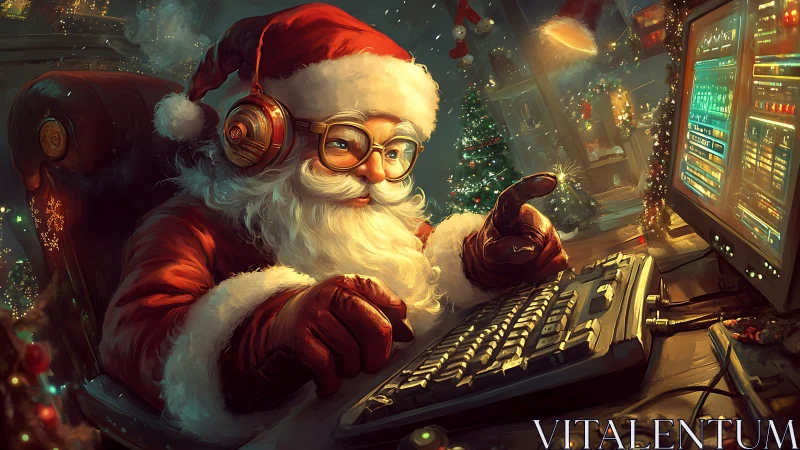 Tech-savvy Santa operates festive command workstation.