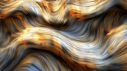 Molten wood currents swirl in sunlit amber and silver grain.