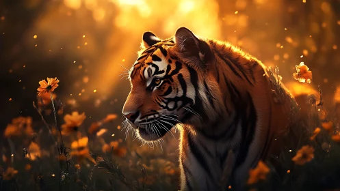 Golden backlit tiger in wildflower field at sunset glow.