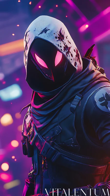 Neon-eyed hooded wraith stalking through glitch-lit alleys.