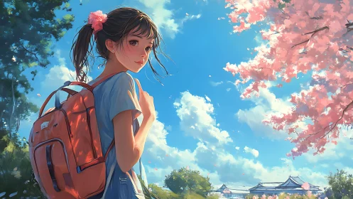 Girl with backpack walks under cherry blossoms at midday