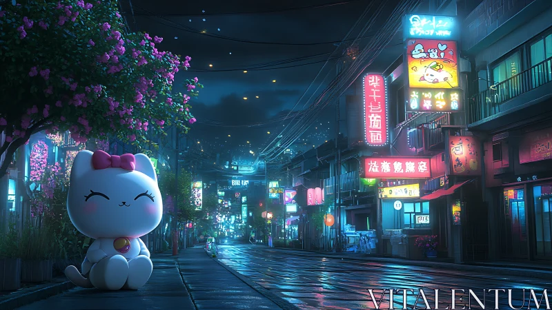Neon city street at night with large cartoon cat figure.