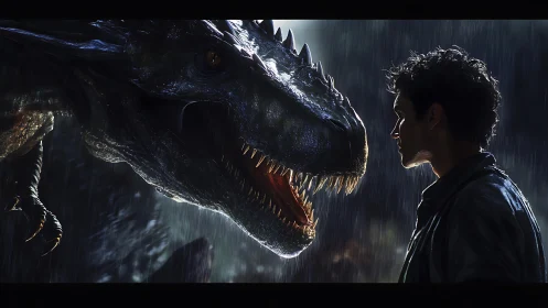 Nocturnal faceoff of human subject and predatory dinosaur.