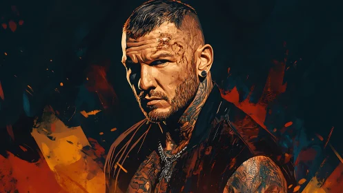 Tattooed male figure in stylized digital portrait format.