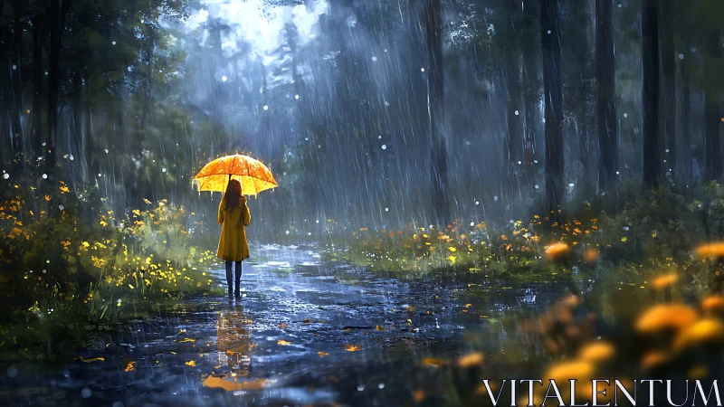 Backlit yellow umbrella contrasts against saturated rainy forest path