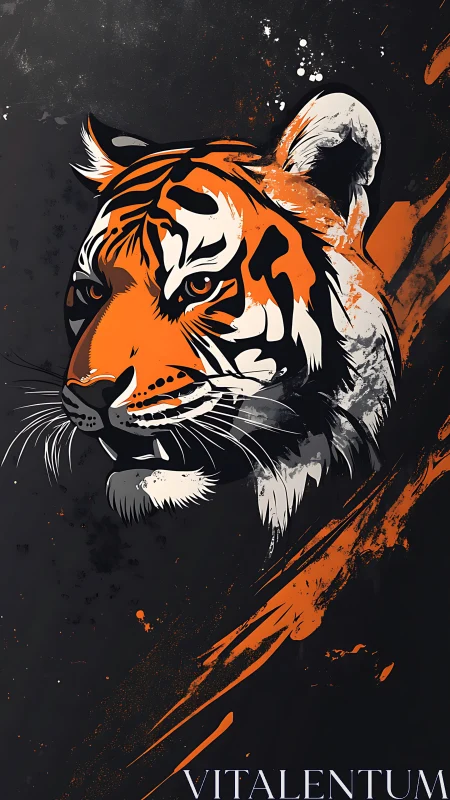 Tiger gaze in bold orange strokes on deep charcoal canvas.