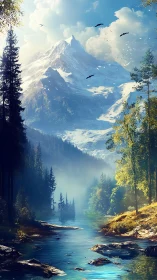 Snow-covered mountain above river valley with forest.