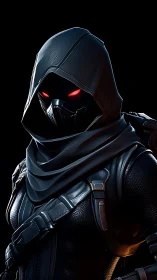 Hooded cyber assassin in black armor with red eyes.