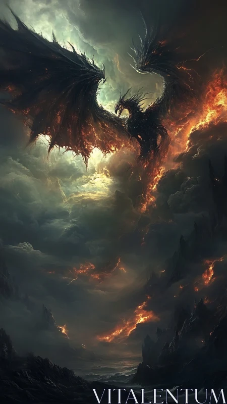 Fireborn dragon storms burning volcanic wasteland sky