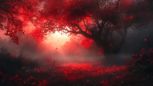Digital painting of crimson forest glade with dramatic backlight.