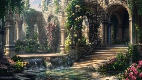 Fantasy stone cloister garden with cascades and arches.