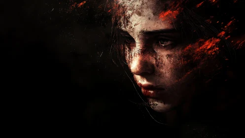 Shattered embered face in the dark, brooding digital portrait.