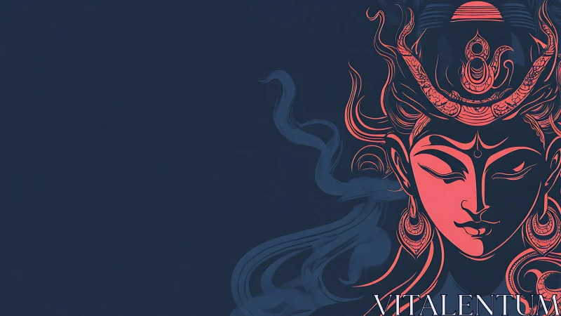 Divine blue and coral goddess portrait in minimal profile.