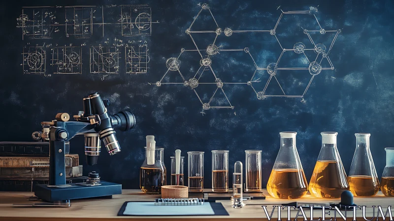 Laboratory bench shows microscope, glassware, and chalk diagrams