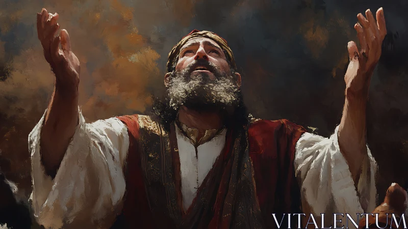 Dramatic chiaroscuro study of praying elder with raised arms