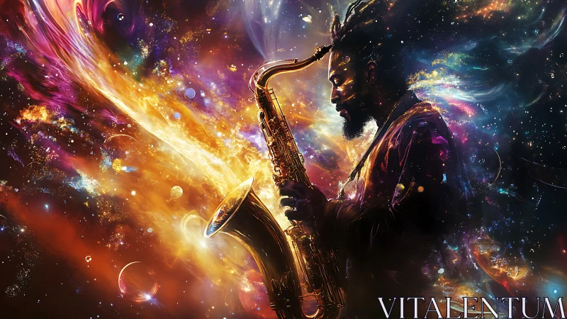 Cosmic saxophone dreams swirling through vibrant stardust.