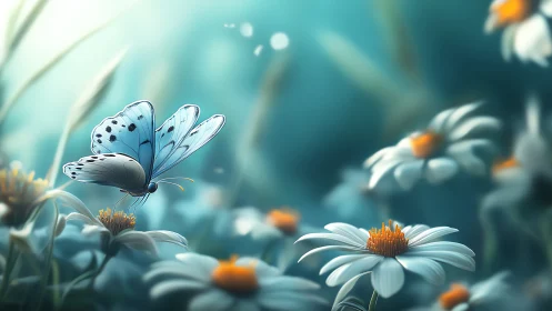 Digital painting of blue butterfly on daisies in soft bokeh field.