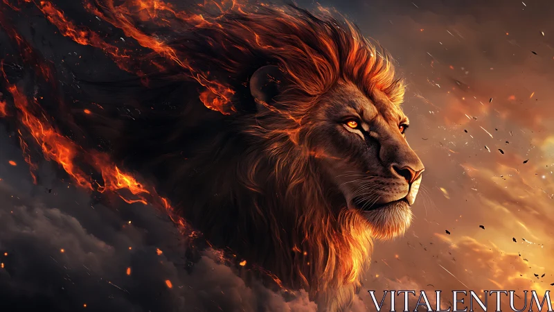 Lion head rendered in blazing fire among dark storm clouds