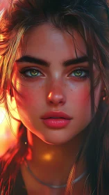 Sunlit portrait of a freckled girl with luminous green eyes.