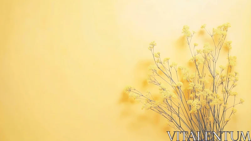 Dried botanical stems and seed heads arranged against monochromatic yellow background