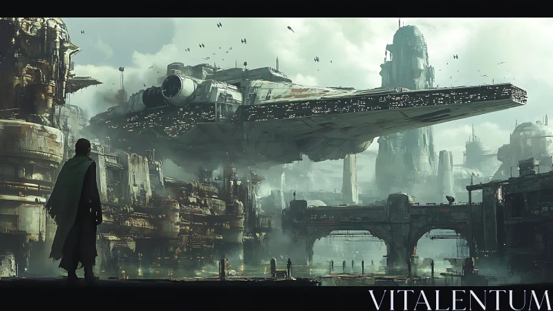 Massive starship over misty dystopian cityscape at dawn.