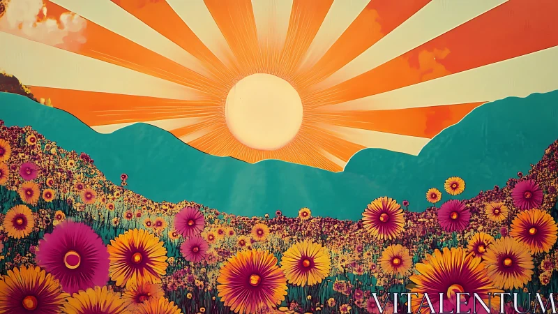 Radiant stylized sunrise illuminates vibrant floral landscape