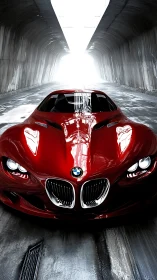 Red BMW supercar gleams under tunnel light in dramatic view.
