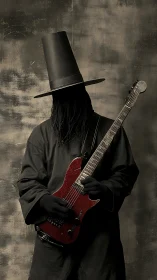 Shadowed top-hat guitarist conjures eerie industrial riffs.